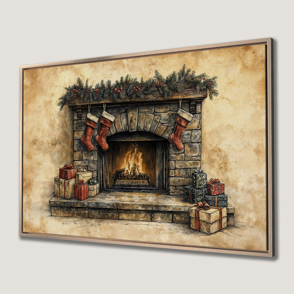 Framed Wall Art: Cozy Christmas fireplace scene with stockings and gifts, warm earth tones and watercolor style, perfect holiday decor.
