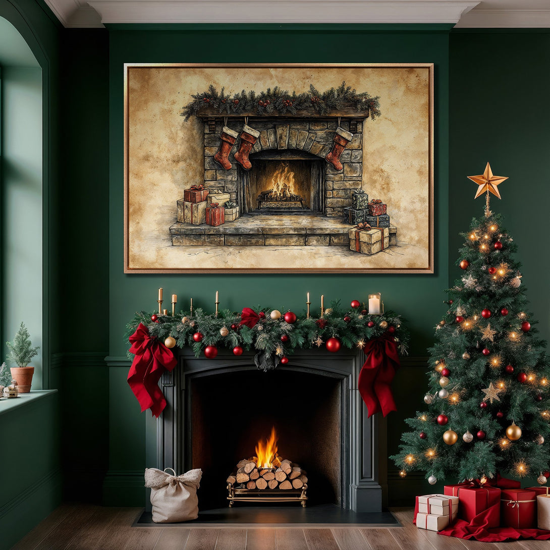 Framed Wall Art of a cozy Christmas fireplace scene in a warm, vintage style. Featuring a green and red color palette, perfect holiday decor.