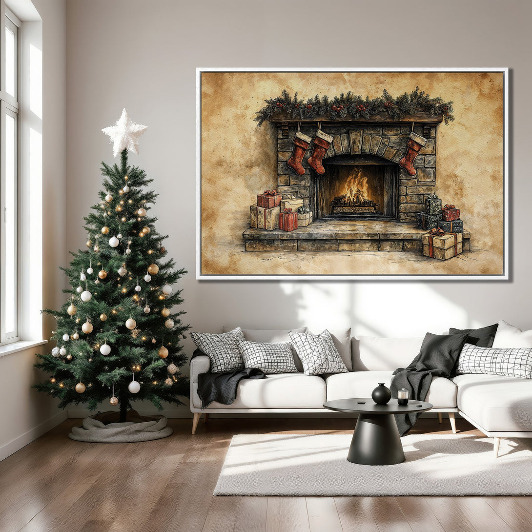 Framed Wall Art featuring a cozy watercolor fireplace scene with warm tones. Perfect Christmas decor for a festive living room.