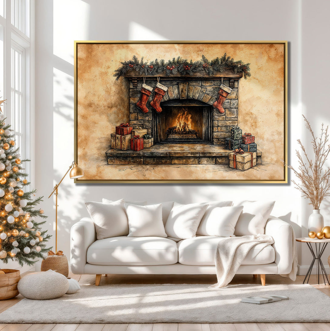 Canvas Print of a cozy Christmas fireplace scene in warm neutral tones. Perfect holiday wall art for a festive home.