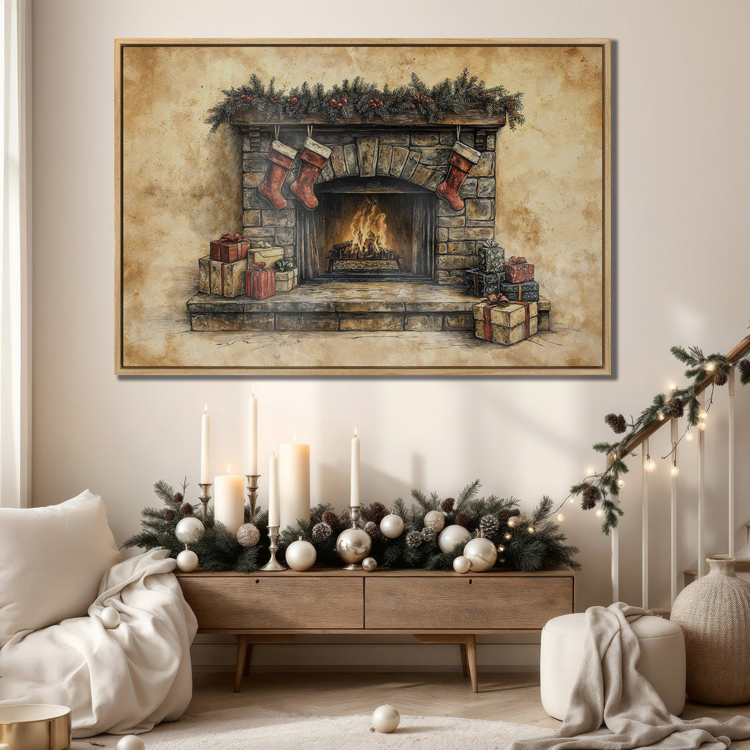 Framed Wall Art featuring a cozy Christmas fireplace scene. Rustic style with warm, neutral tones and pops of red. Perfect holiday decor!