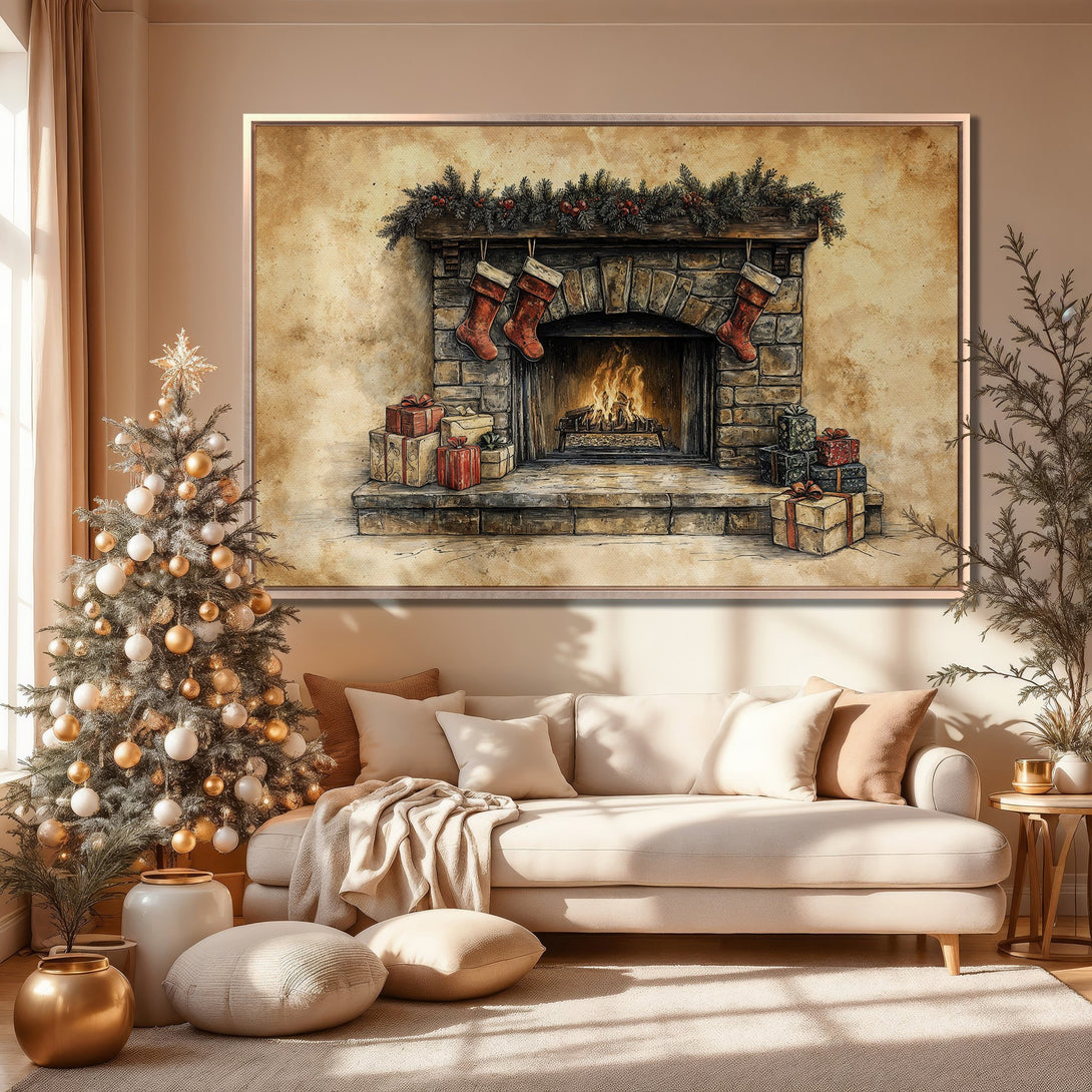 Framed Wall Art featuring a cozy Christmas fireplace scene in warm neutral tones. Perfect holiday decor for a welcoming home.