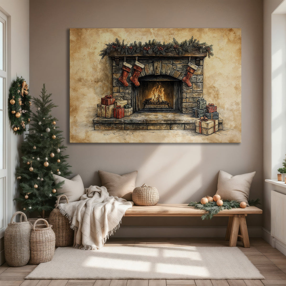 Framed Wall Art: Cozy Christmas fireplace scene in warm tones. Perfect holiday decor for a festive living room. Enhance your space with this beautiful artwork.