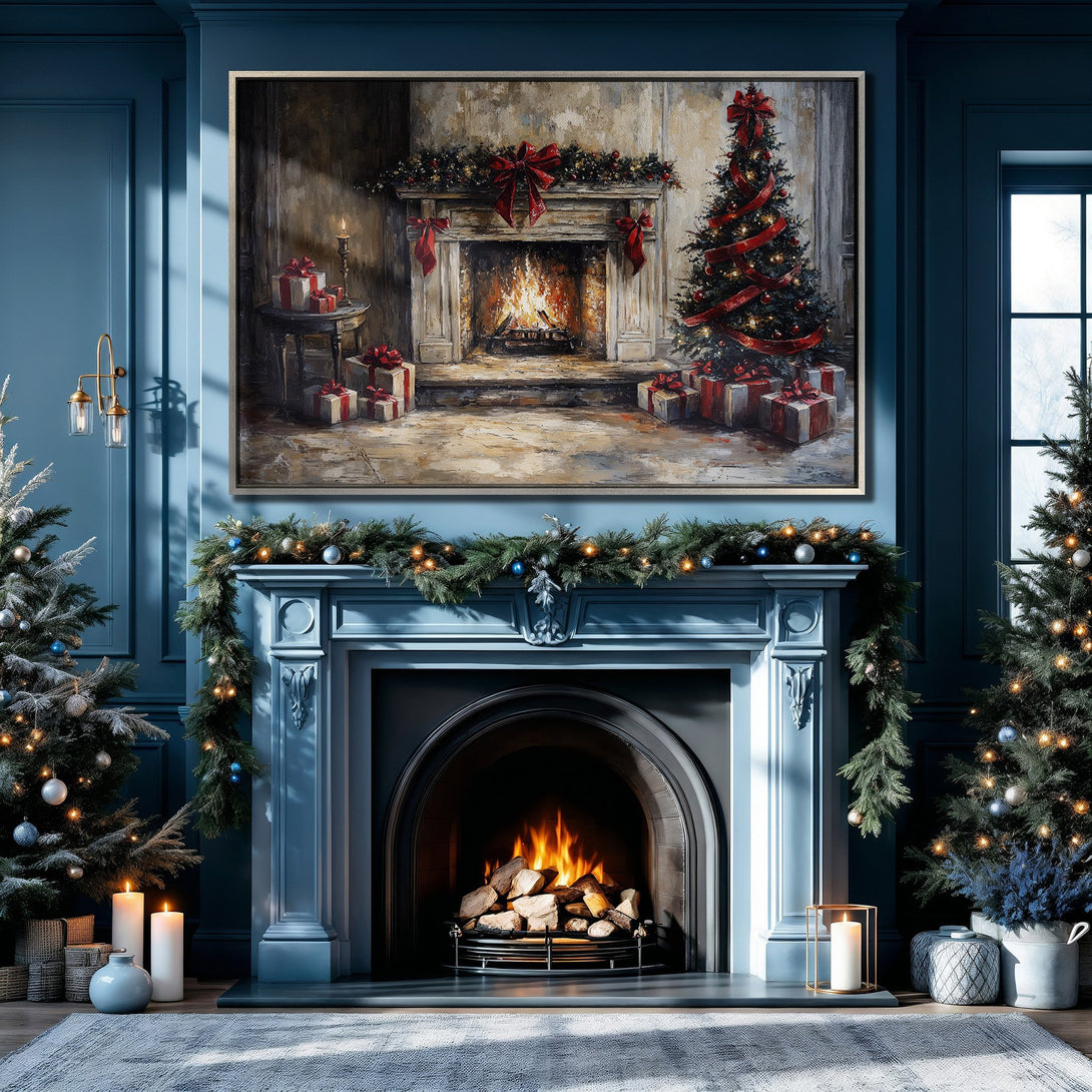 Framed Wall Art: Cozy Christmas scene with fireplace, tree, and gifts. Warm, inviting palette of blues, reds, and golds. Perfect holiday decor!