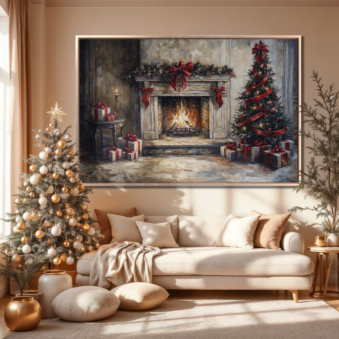 Framed Wall Art: Cozy Christmas scene with fireplace and tree. Warm beige and red color palette. Perfect holiday decor.