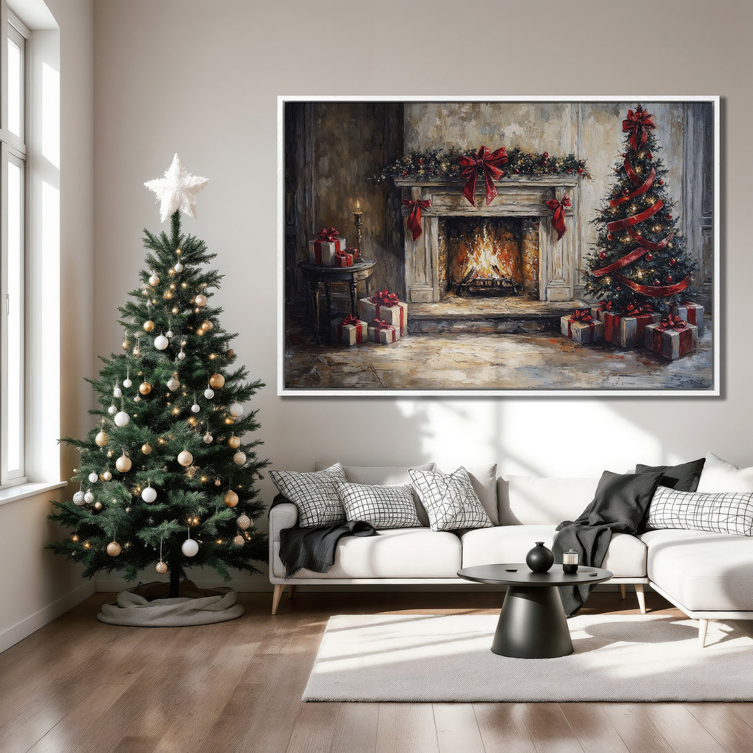 Framed Wall Art featuring a Christmas scene with a fireplace and tree, warm color palette, perfect holiday decor.