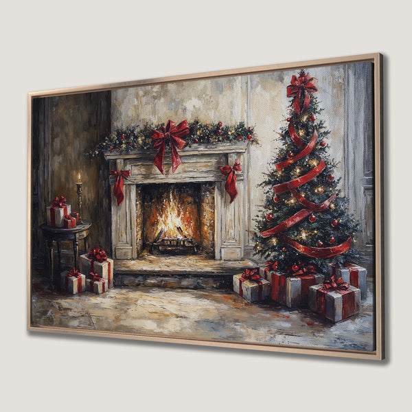 Framed Wall Art: Cozy Christmas scene with fireplace, tree, and gifts. Warm, inviting palette of reds, greens, and neutrals. Perfect holiday decor.