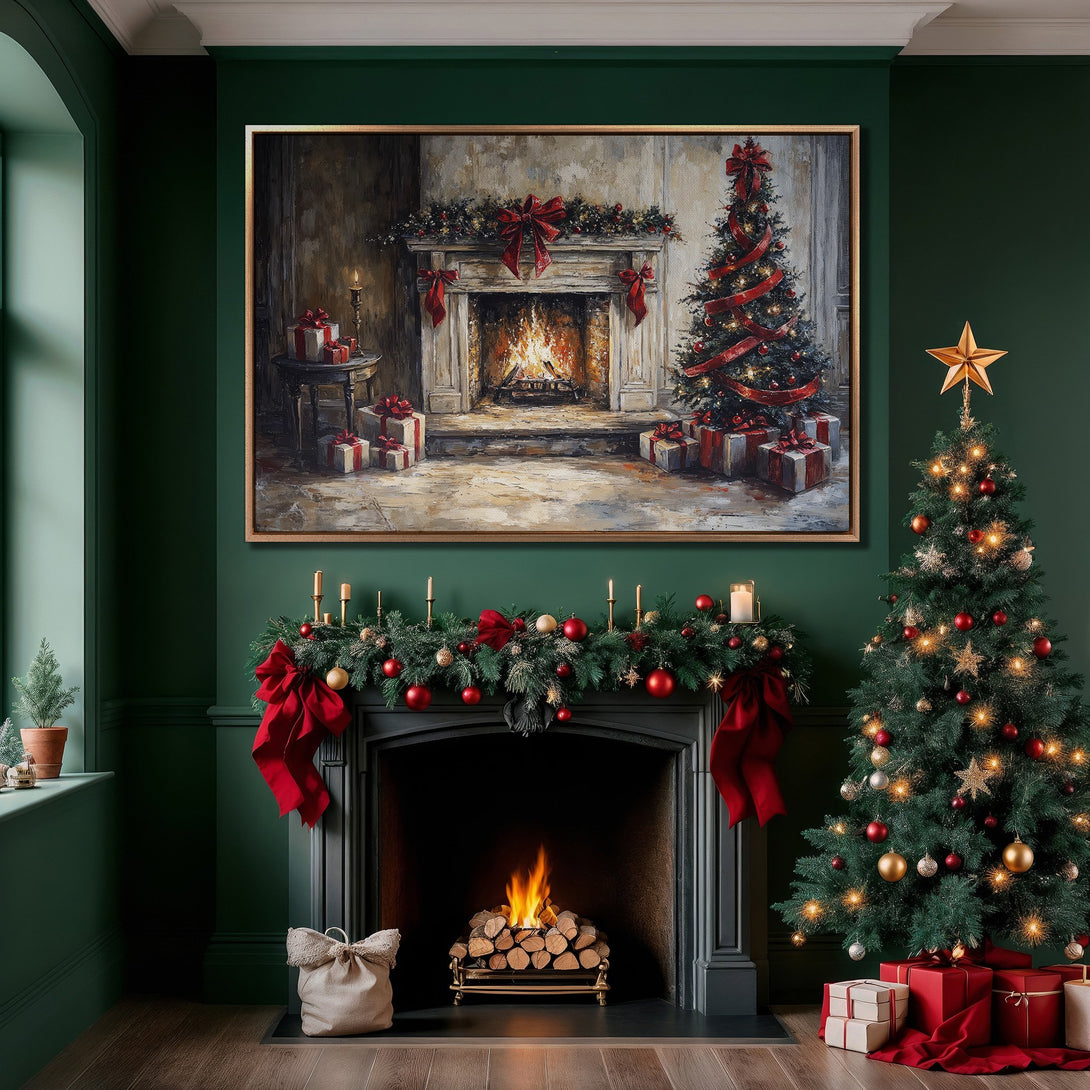 Framed Wall Art: Cozy Christmas scene with a fireplace and tree. Warm, inviting colors of red, gold, and green create a festive holiday ambiance.