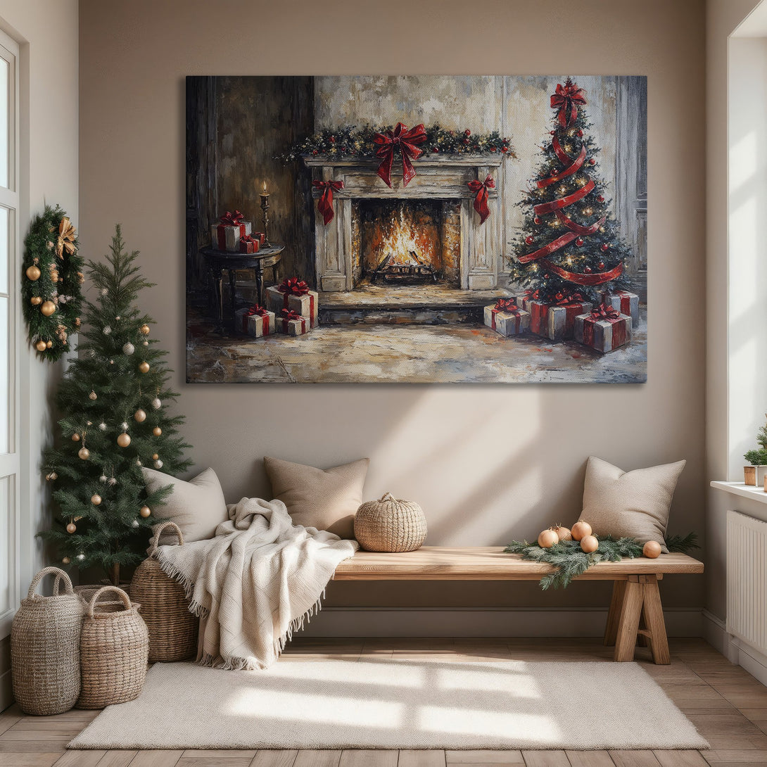 Framed Wall Art: Cozy Christmas scene with fireplace and tree, warm color palette. Perfect for holiday decor. Add festive cheer to your home!