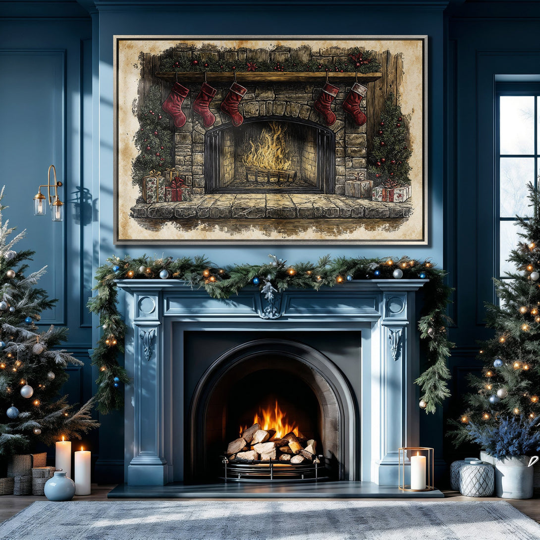 Framed Wall Art: Cozy Christmas fireplace scene in a blue interior. Featuring a vintage style print with a warm color palette. Perfect holiday decor!