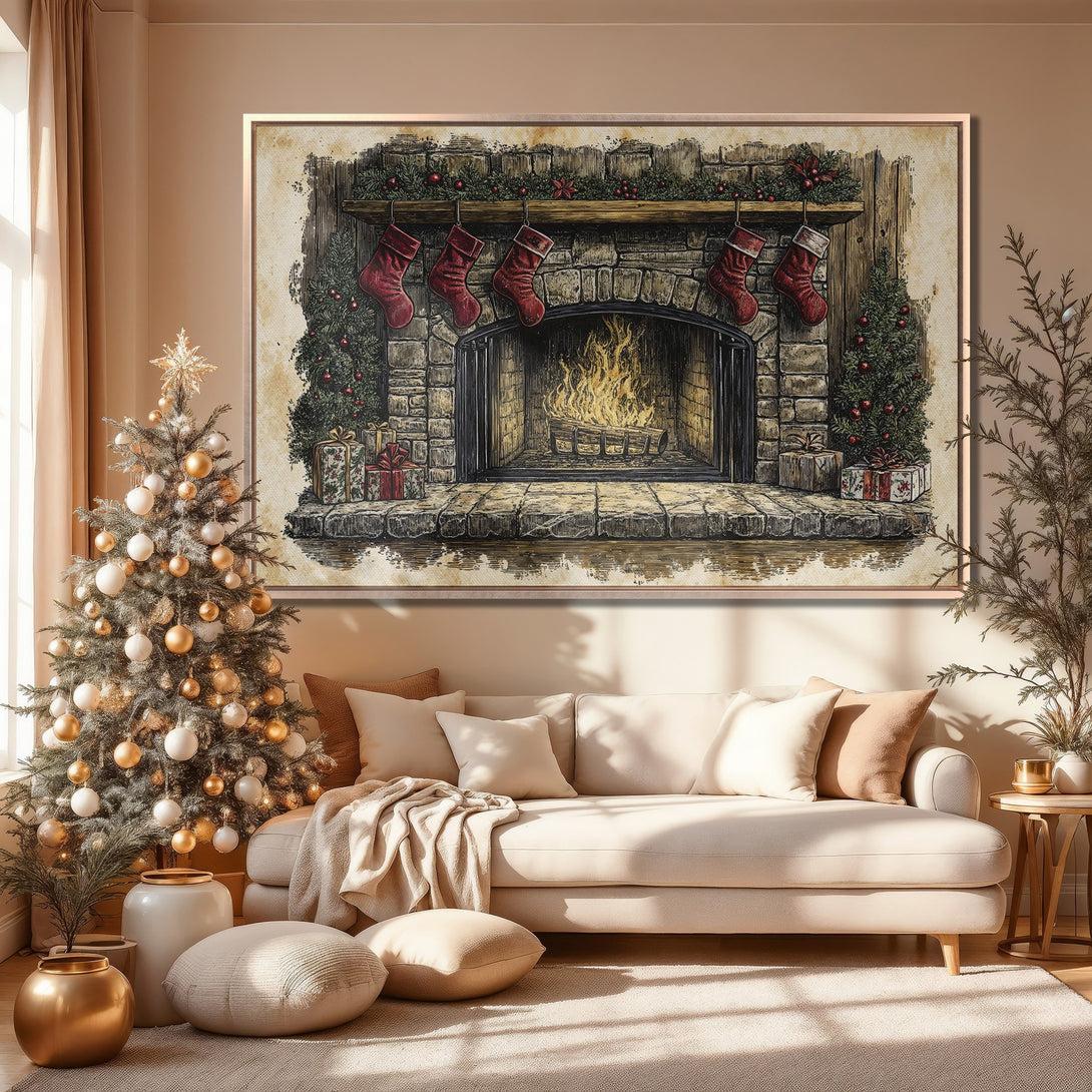 Framed Wall Art: Cozy Christmas fireplace scene in warm neutral tones. Perfect holiday decor for a living room. Enhance your space with this beautiful canvas print.