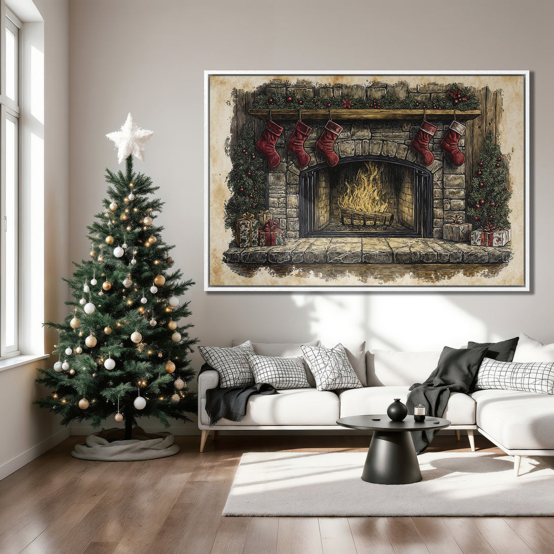 Framed Wall Art: Cozy Christmas fireplace illustration in warm tones. Perfect holiday decor for your living room!