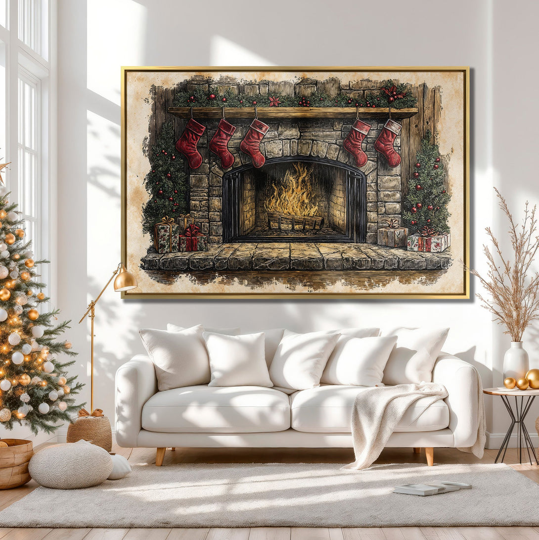 Canvas Print: Cozy Christmas fireplace art, warm neutral tones. Rustic style wall decor perfect for holiday home accents.