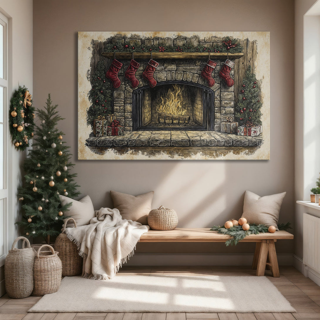 Framed Wall Art: Cozy Christmas fireplace scene in warm tones. Rustic style canvas print with red, gold, and green accents. Perfect holiday decor!
