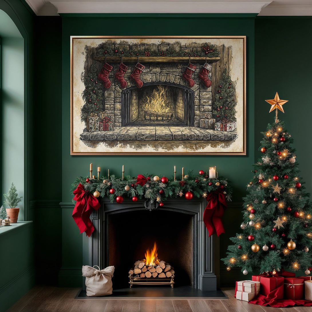 Framed Wall Art: Vintage Christmas scene with a fireplace, stockings, and tree. Warm, inviting color palette of red, green, and gold. Perfect holiday decor.