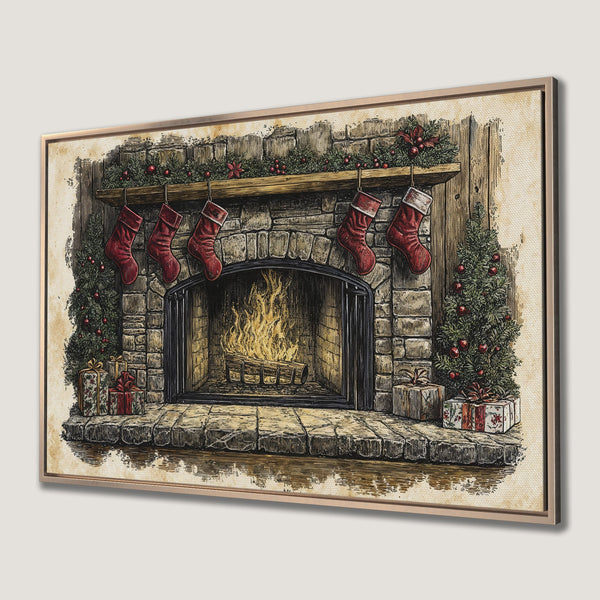 Framed Wall Art featuring a cozy Christmas fireplace scene in a vintage illustration style with warm red and brown tones. Perfect holiday decor!