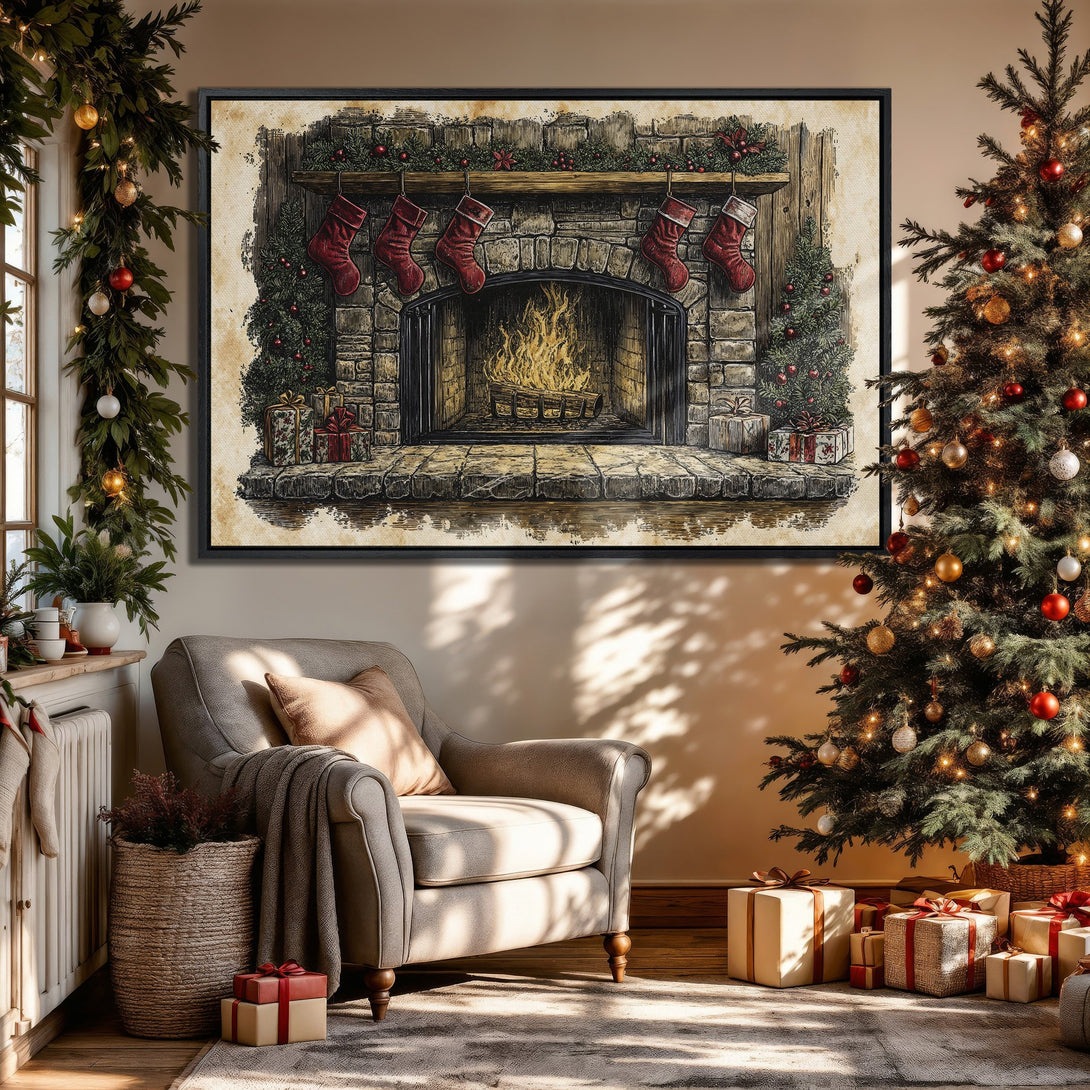 Framed Wall Art: Cozy Christmas scene with fireplace, stockings, and tree. Warm color palette, perfect for holiday decor.