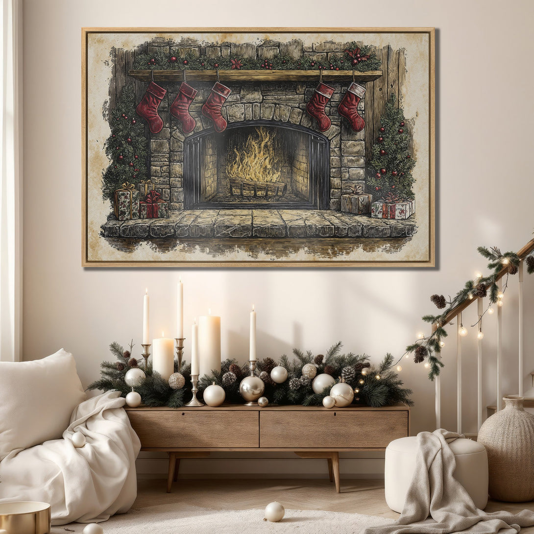 Framed Wall Art: Cozy Christmas scene with a fireplace, stockings, and warm color palette. Perfect for holiday decor. Bring the festive spirit home!
