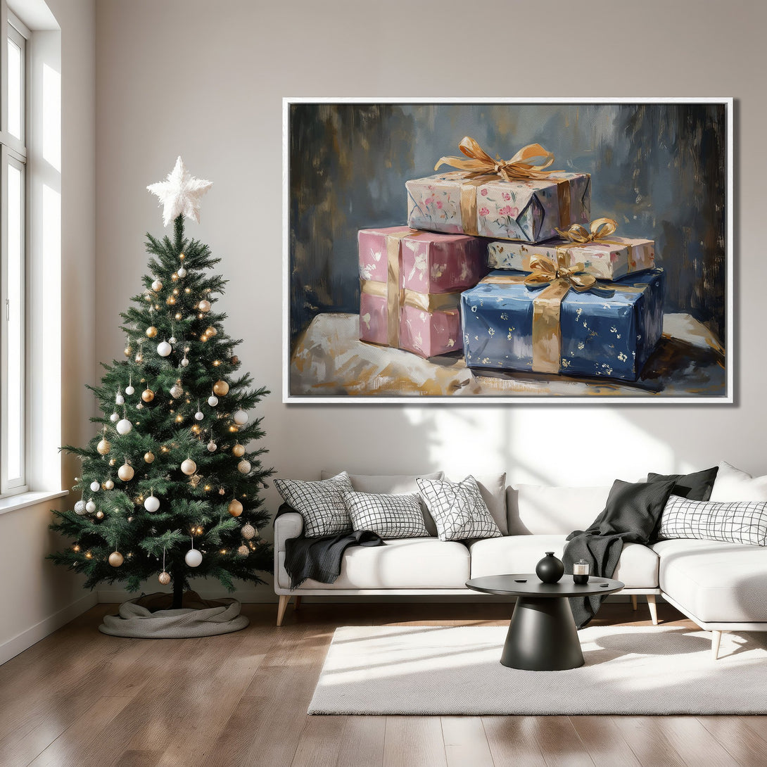 Framed Wall Art: Abstract painting of wrapped gifts in a living room. Features a festive color palette with blues, pinks, and gold accents. Perfect holiday decor.