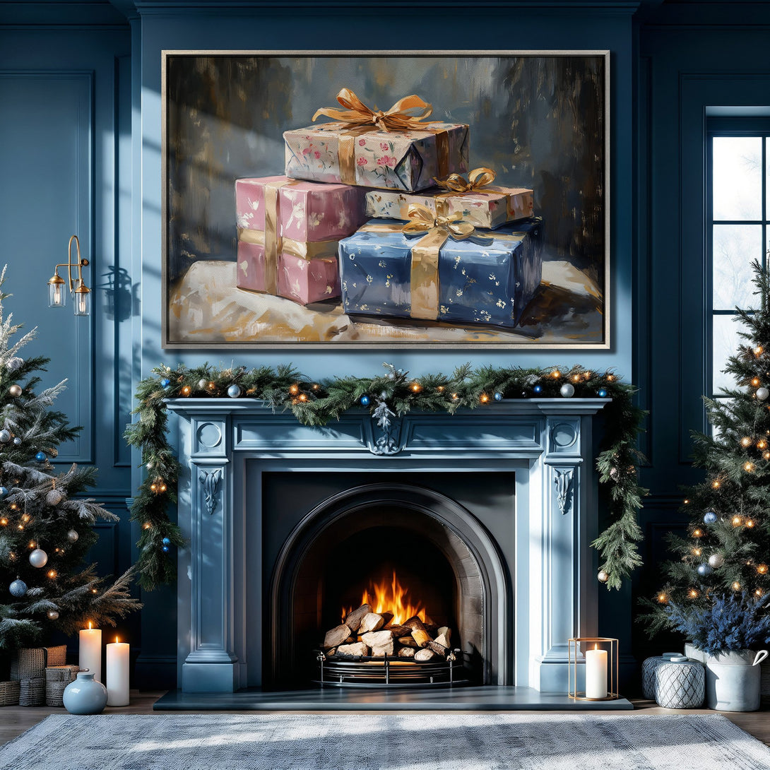 Framed Wall Art of gifts above a fireplace in a cozy, blue-toned interior. Festive, painterly style with gold accents. Perfect holiday decor!