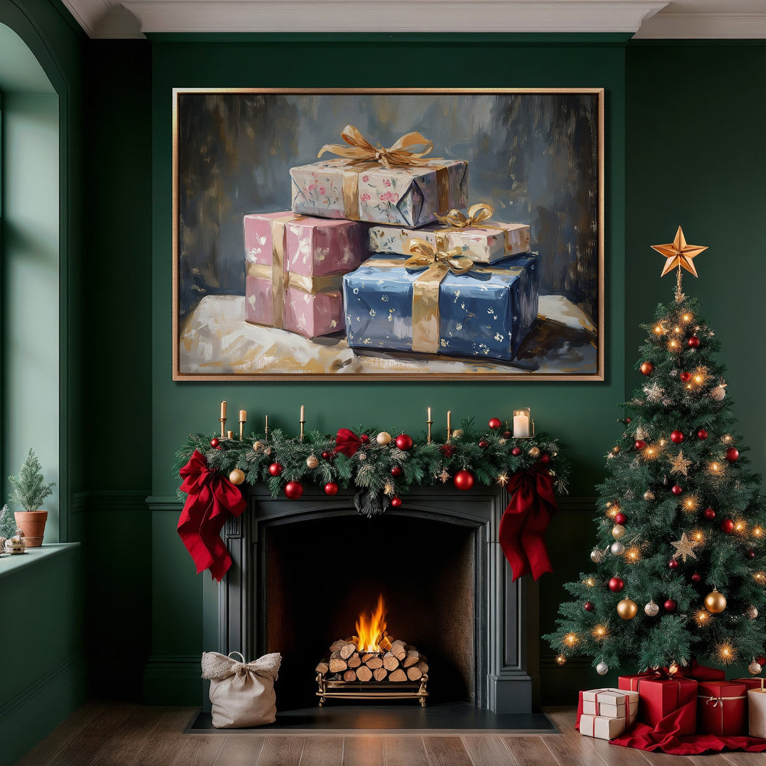 Framed Wall Art featuring a still life of wrapped gifts. Warm, inviting color palette with greens, reds, and golds. Perfect Christmas decor!