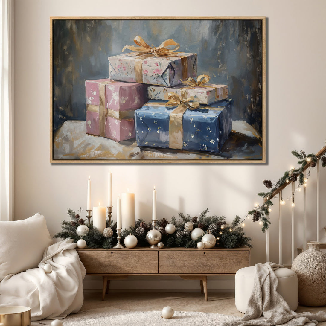 Framed Wall Art featuring a still life of wrapped gifts. Soft, painterly style with a warm, neutral color palette. Perfect for adding cozy elegance to any space.