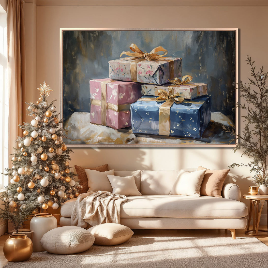 Framed Wall Art: Festive painting of wrapped gifts in a cozy living room. Warm, neutral color palette with pops of pink and blue. Perfect holiday decor!
