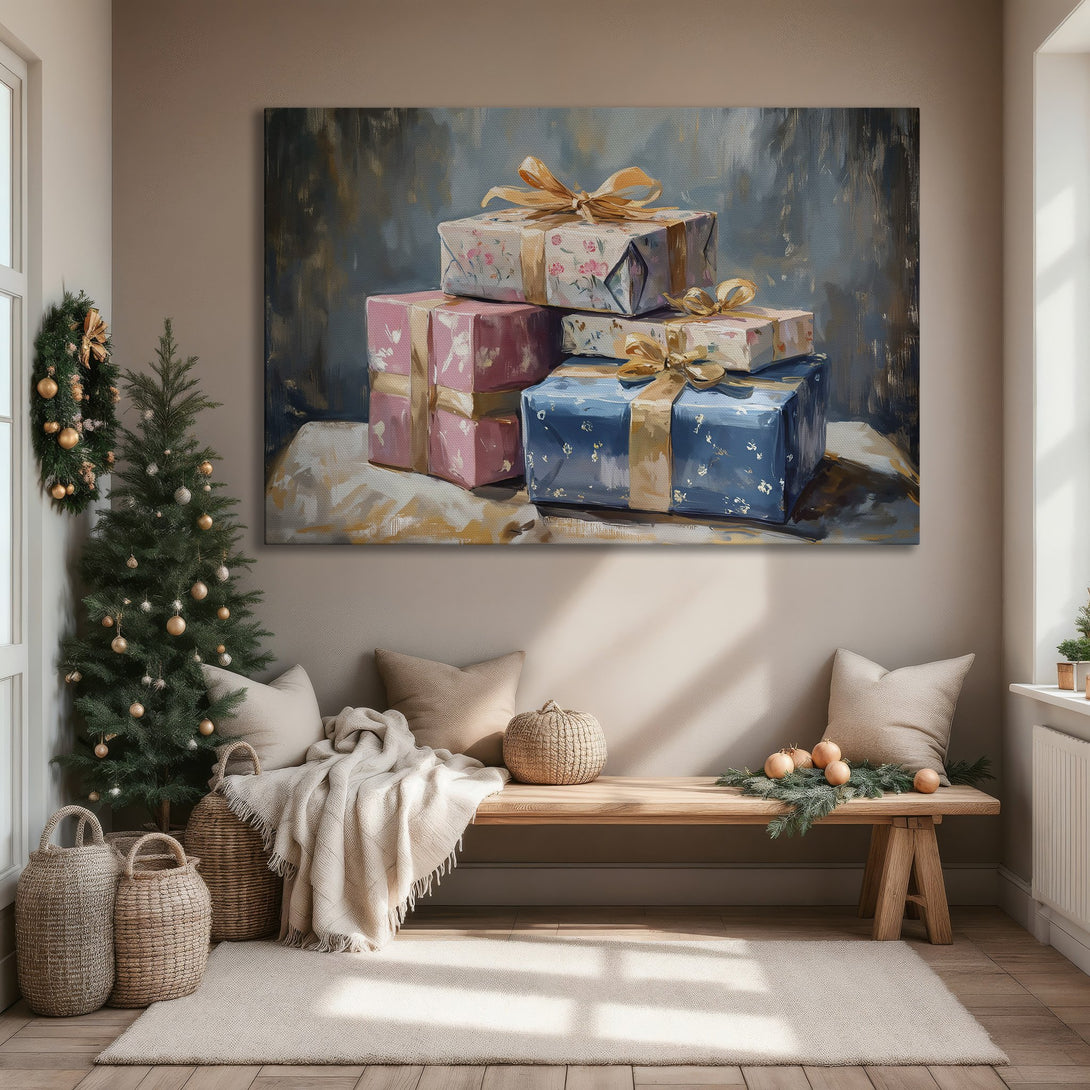 Framed Wall Art: Festive gifts in a painterly style, featuring pink, blue, and gold tones. Perfect for adding holiday cheer to your home decor.