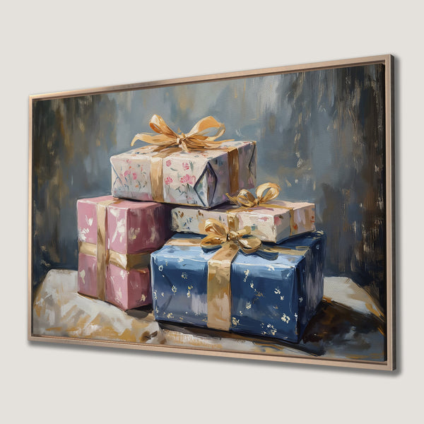 Framed Wall Art: Still life of presents with gold bows, a warm and inviting color palette. Perfect for gifting or home decor.