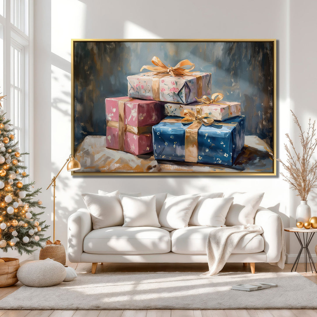 Canvas Print of festive gift boxes in a warm, inviting interior. Features a painterly style with a soft, neutral color palette, perfect for holiday decor.