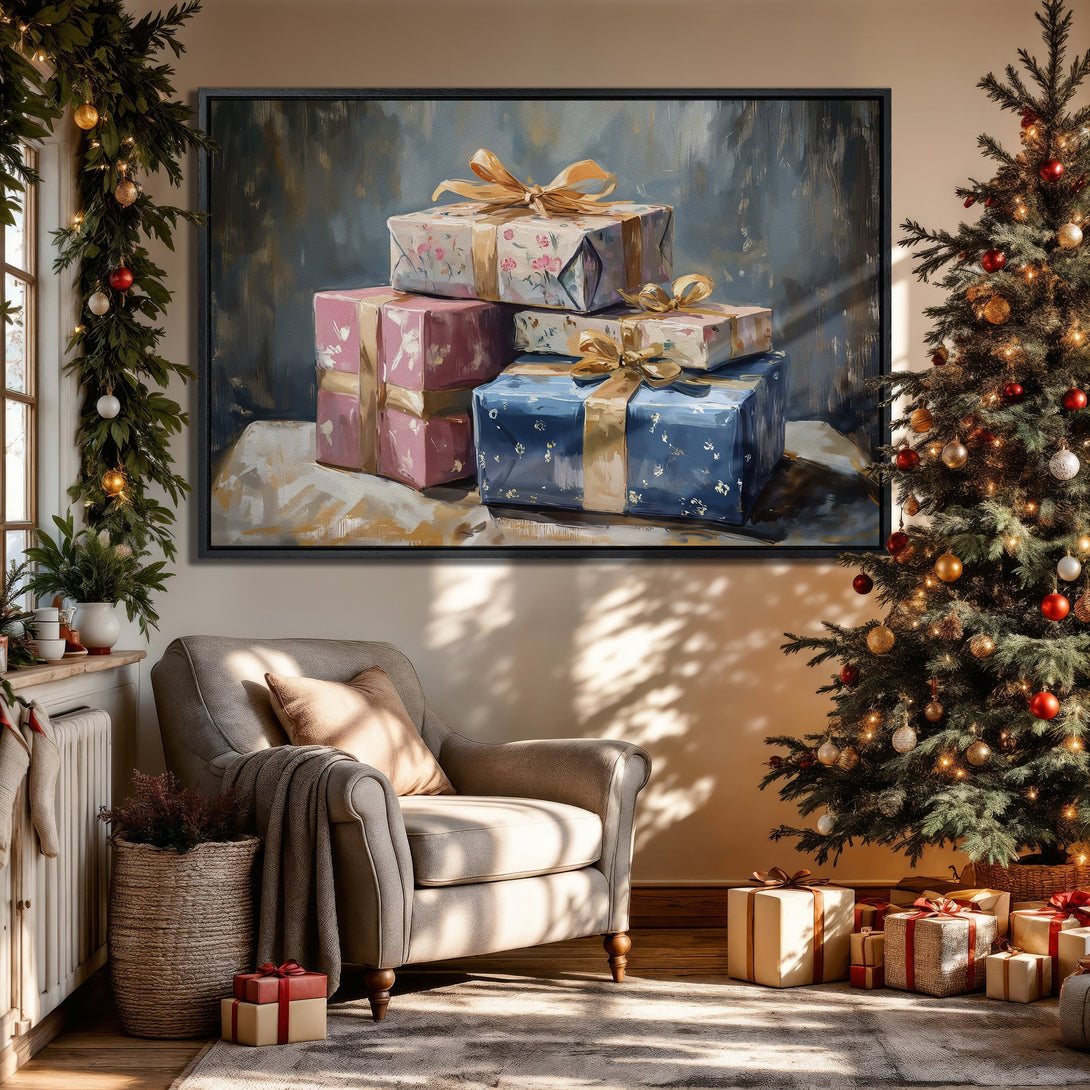 Framed Wall Art: Cozy Christmas scene featuring stacked gift boxes in a painterly style with a blue, pink, and gold color palette. Perfect holiday decor.