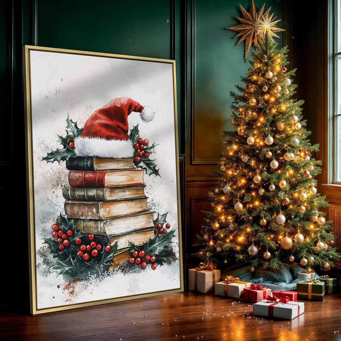 Canvas Print of watercolor Santa hat on books with holly and berries. Warm, festive holiday wall art in red, green, and brown tones.
