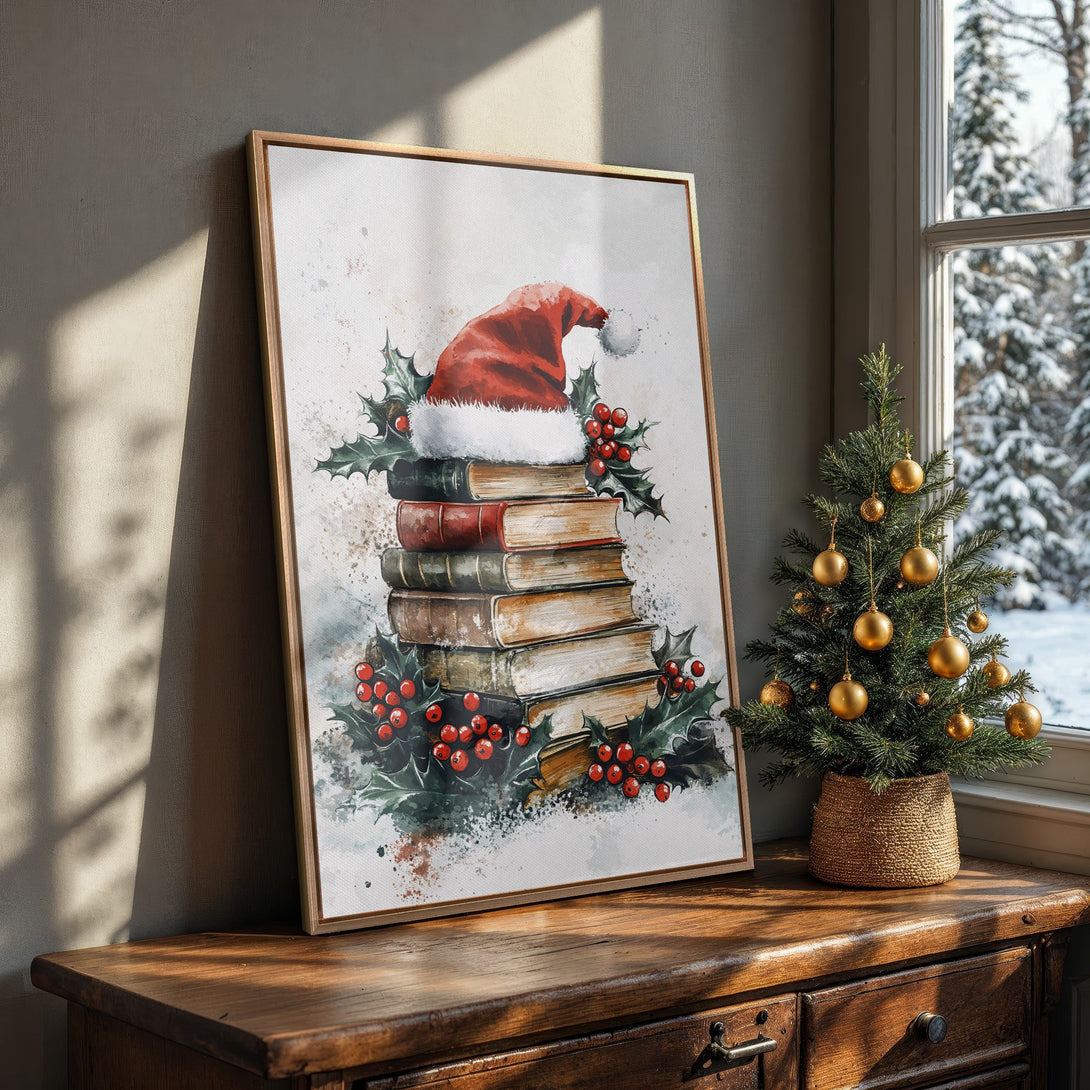 Framed Wall Art: Watercolor Christmas scene with Santa hat on books, holly, and red berries. Warm, cozy color palette. Perfect holiday decor.
