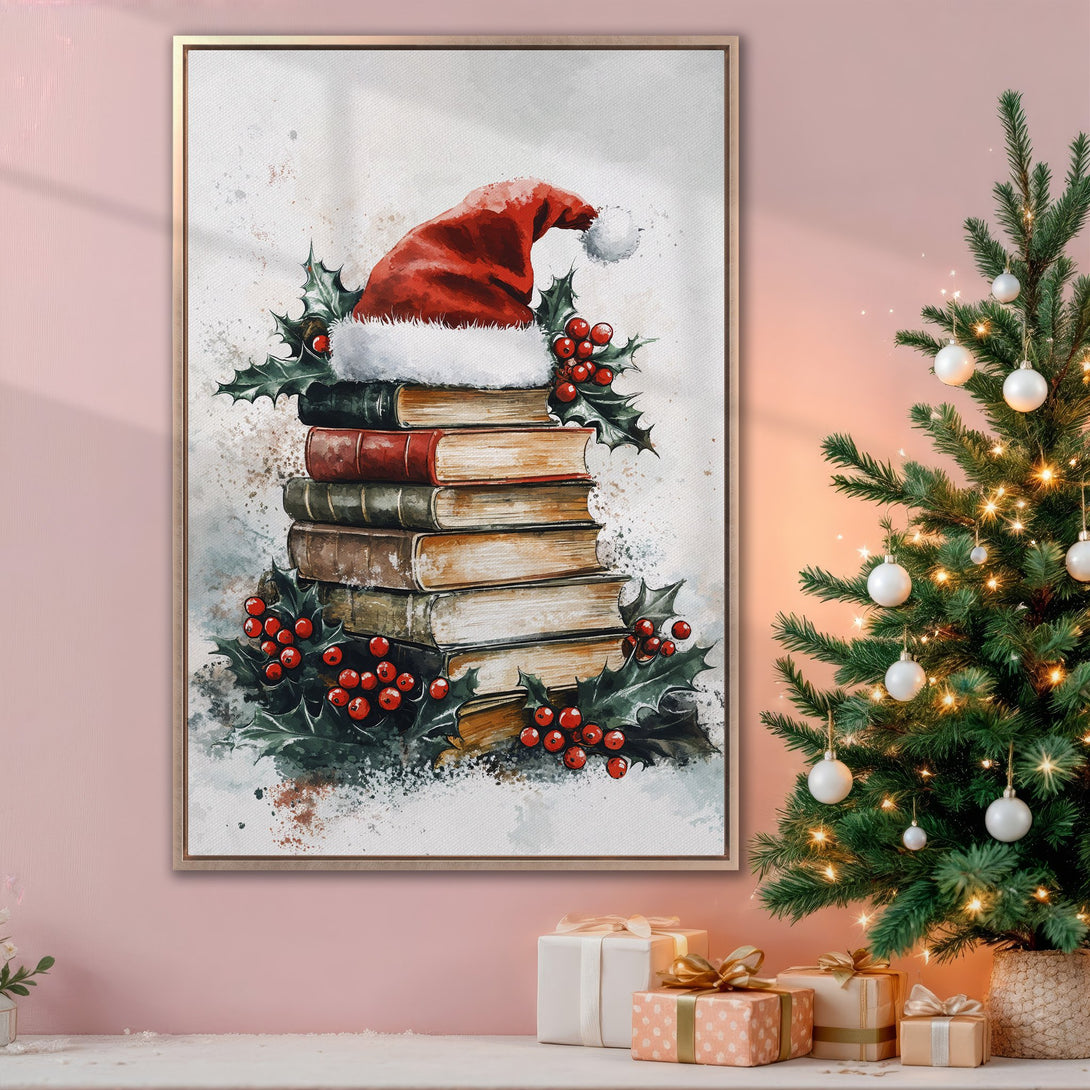 Framed Wall Art: Watercolor Christmas scene with Santa hat on books, holly, and red berries. Warm, festive colors perfect for seasonal decor.