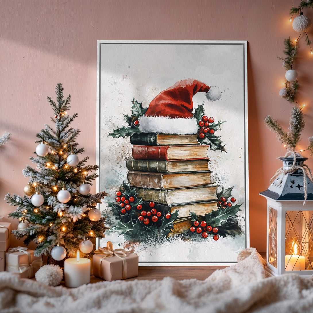 Framed Wall Art: Watercolor Christmas print with Santa hat on books, warm red & green palette, festive home decor.