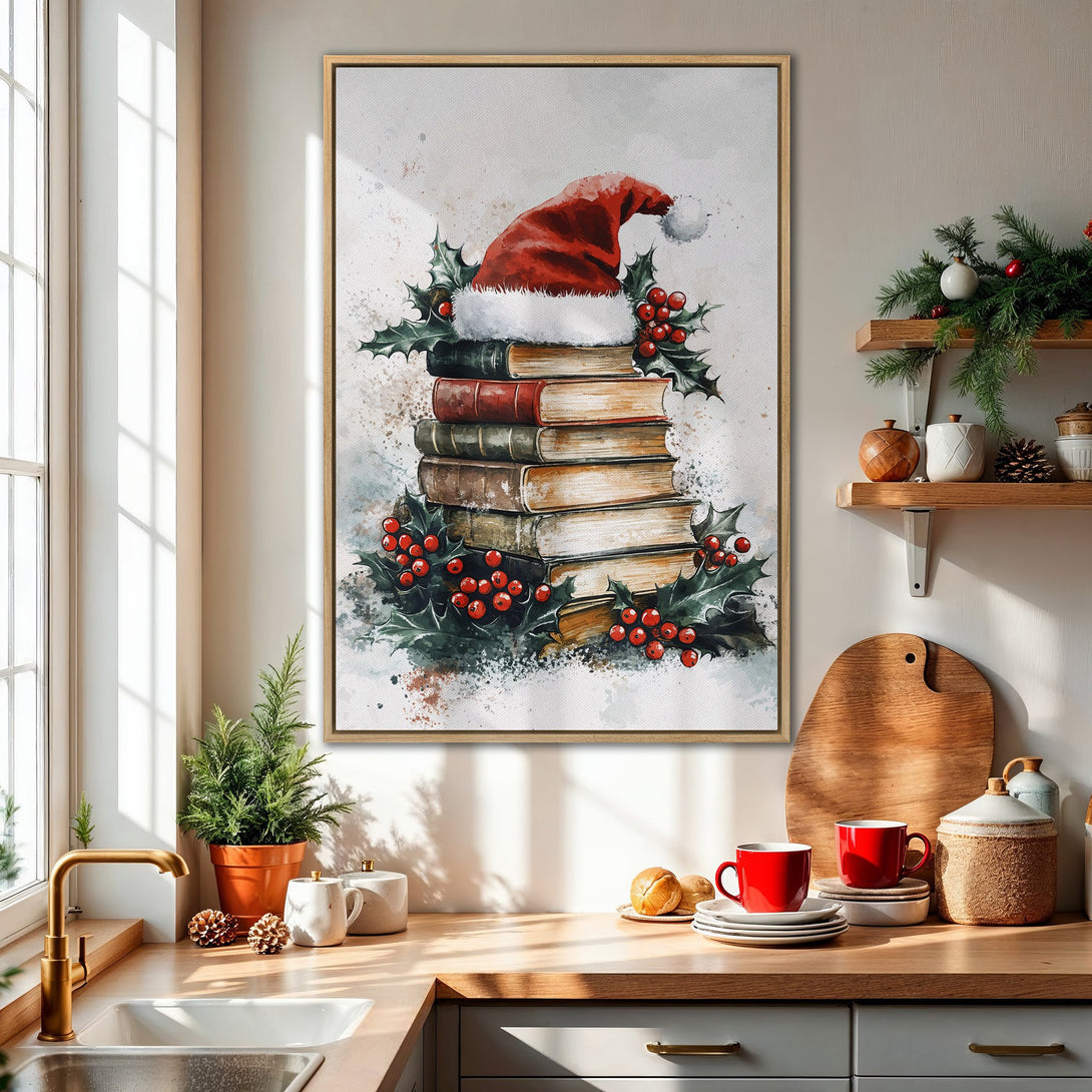 Framed Wall Art: Watercolor Christmas scene with Santa hat on books, holly, and red berries. Warm, inviting color palette perfect for holiday decor.