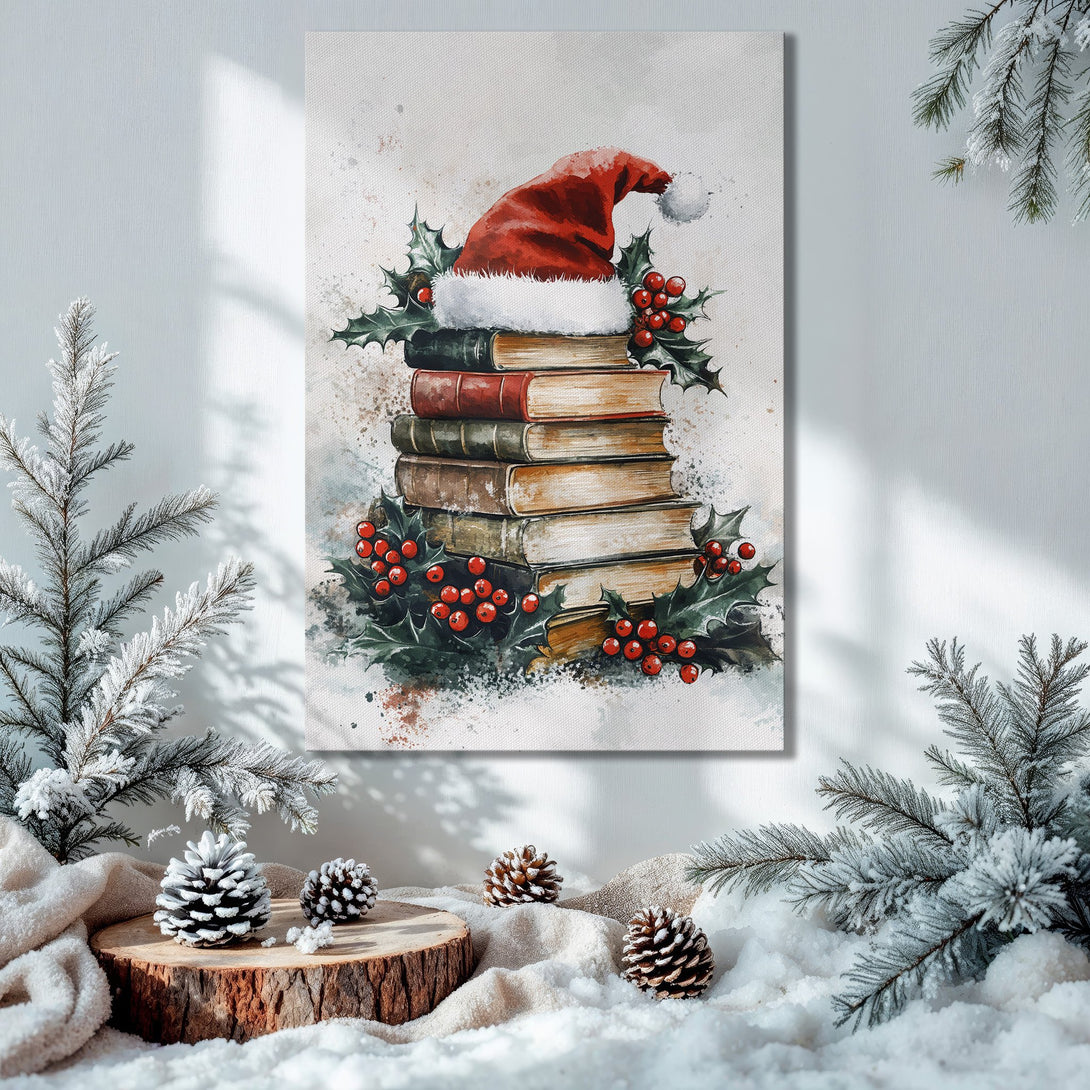 Framed Wall Art: Watercolor Christmas scene with Santa hat on books, holly, and red berries. Warm, festive colors. Perfect holiday decor.