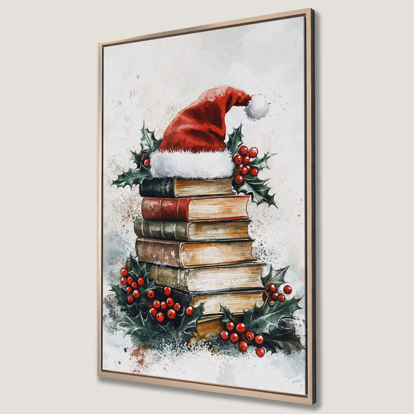 Framed Wall Art: Watercolor Christmas scene with Santa hat, holly, and books. Warm color palette, perfect holiday decor.