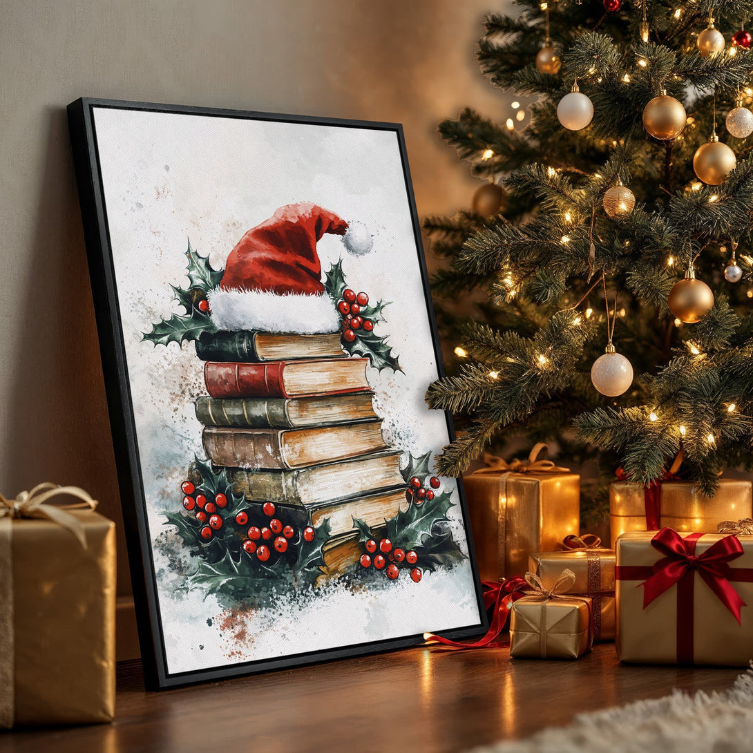 Framed Wall Art: Watercolor Christmas print featuring Santa hat on books with holly and berries. Warm, festive color palette perfect for holiday decor.