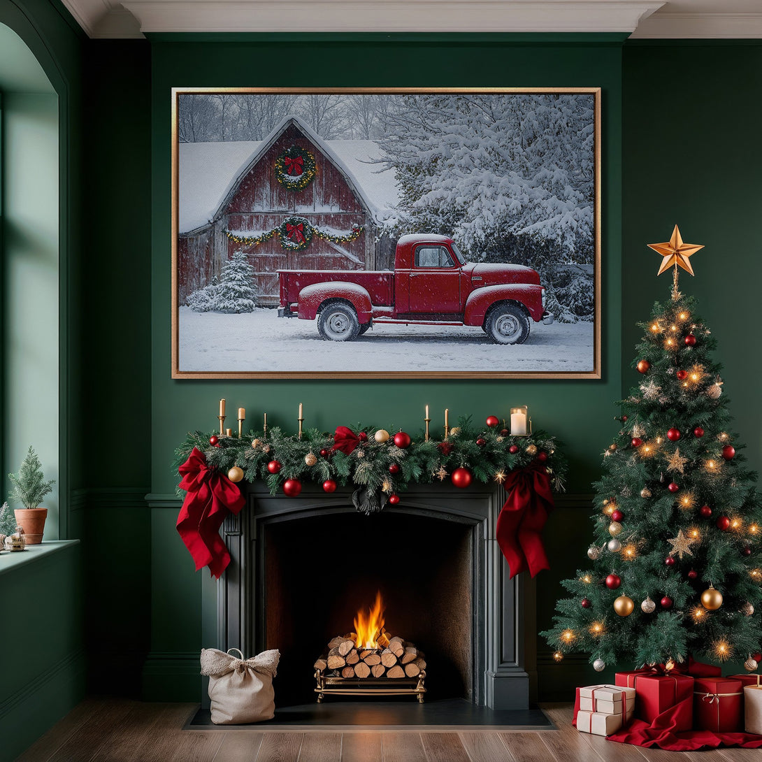 Framed Wall Art featuring a red truck in a snowy scene. Rustic, cozy style with a warm red, green, and white color palette, perfect for holiday decor.