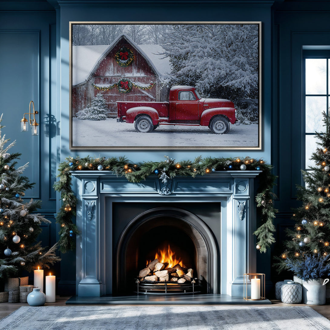 Framed Wall Art featuring a red truck in a snowy winter scene. Rustic style with a warm, inviting color palette. Perfect for holiday decor.
