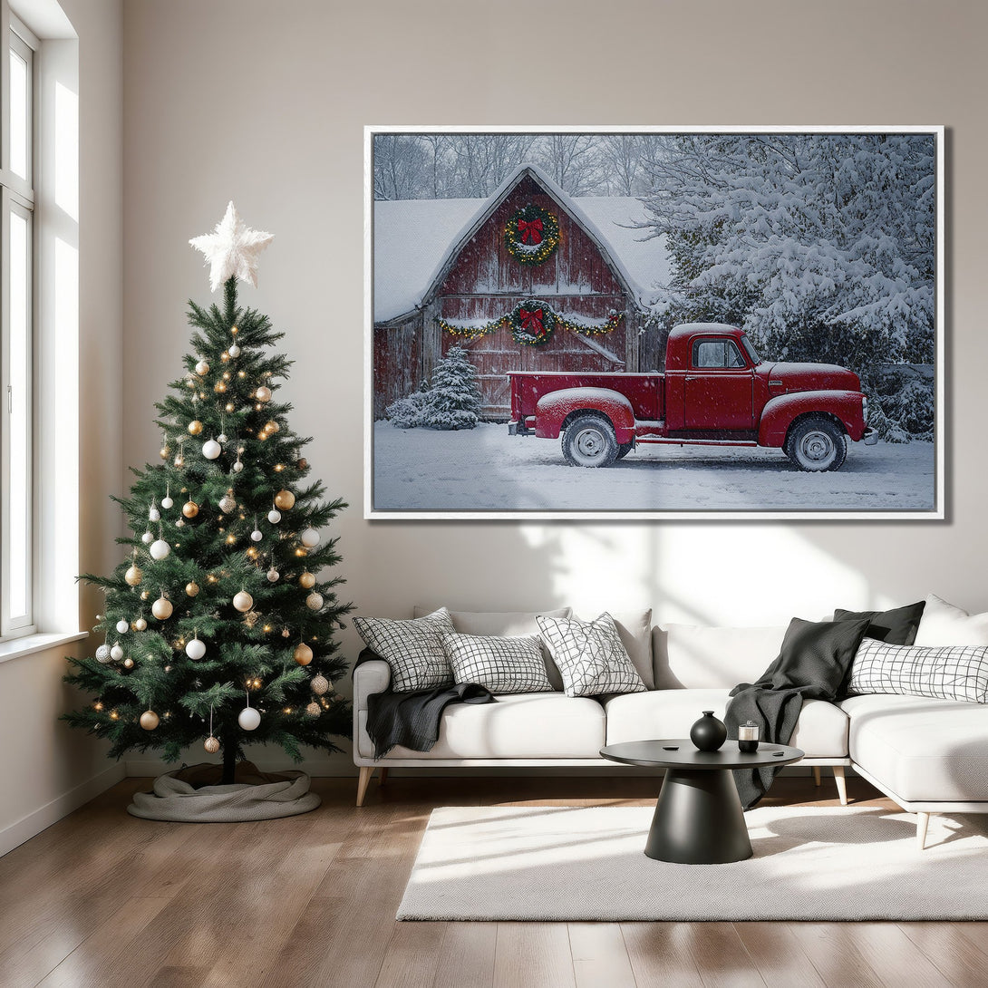 Framed Wall Art: Rustic red truck in snowy scene. Cozy Christmas decor with a red & white color palette, perfect for winter home styling.