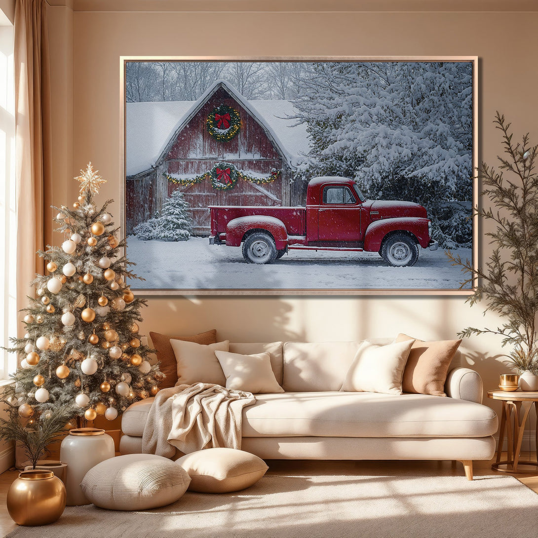 Framed Wall Art: Rustic red truck in a snowy scene. Warm, inviting color palette. Perfect for cozy winter decor.