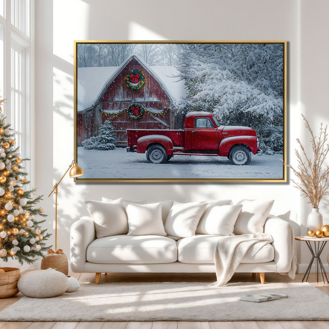 Canvas Print of a red vintage truck in a snowy scene. Rustic, warm color palette perfect for holiday decor.