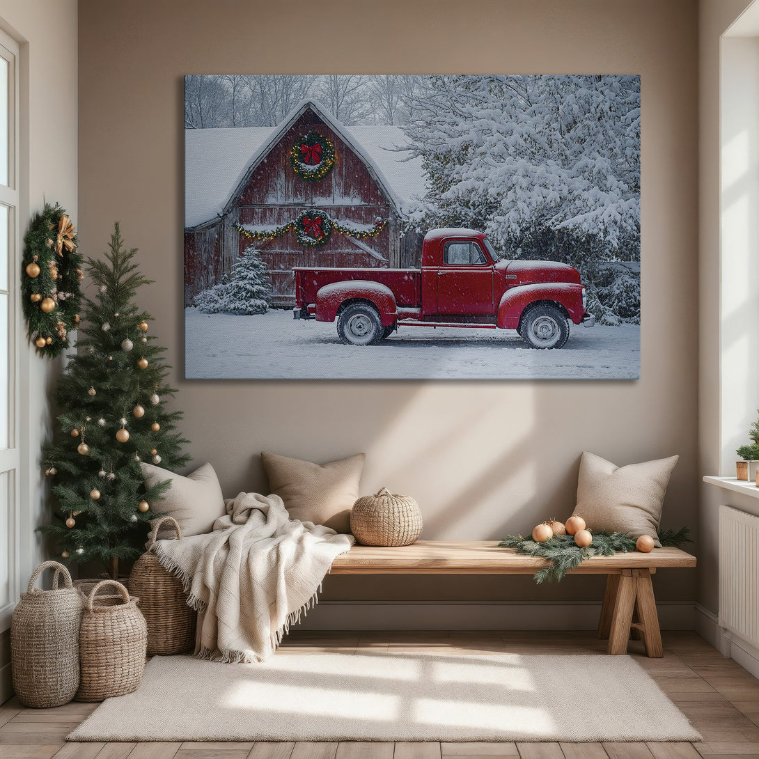 Framed Wall Art: Rustic red truck in snowy scene. Cozy winter art with warm red, white, and gold color palette, perfect for holiday decor.