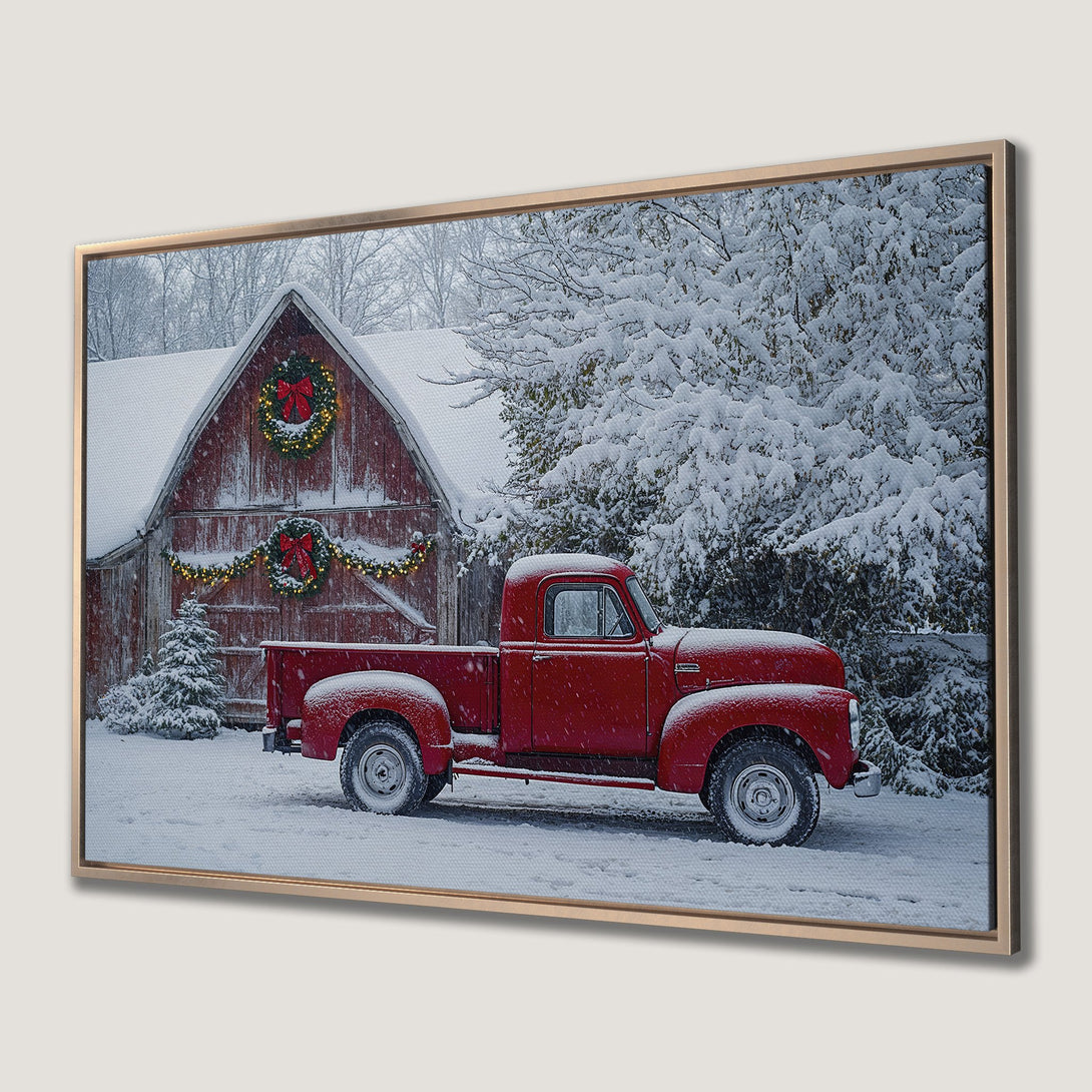 Framed Wall Art: Rustic red truck in snowy winter scene. Cozy farmhouse decor with red, white, and green color palette. Perfect holiday canvas print.