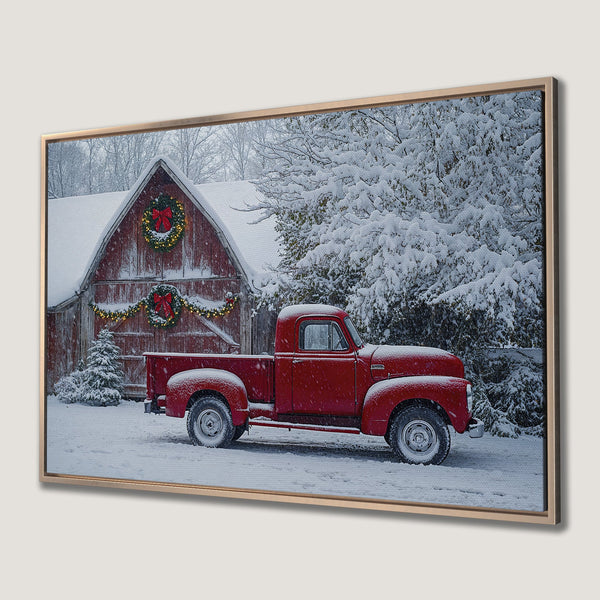 Framed Wall Art: Rustic red truck in snowy winter scene. Cozy farmhouse decor with red, white, and green color palette. Perfect holiday canvas print.