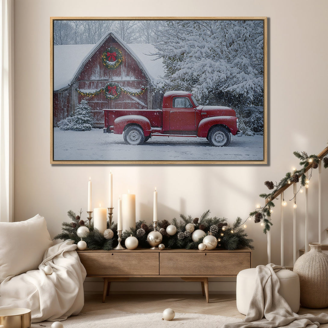 Framed Wall Art: Cozy winter scene with a red truck in the snow. Rustic style, warm color palette. Perfect for holiday decor.