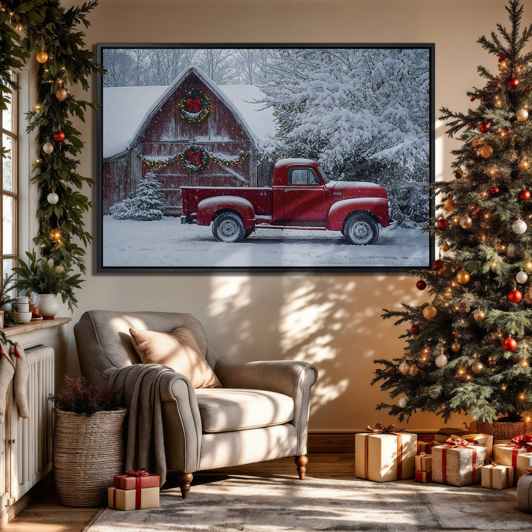 Framed Wall Art: Cozy Christmas scene with a red truck in a snowy landscape. Rustic style, warm color palette with red, white, and brown tones. Perfect holiday decor!