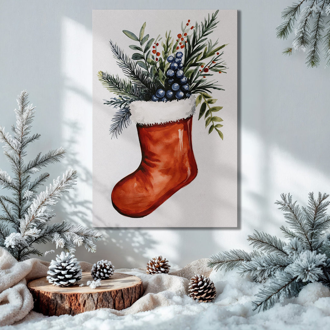 Framed Wall Art: Watercolor Christmas stocking print with greens, reds, & blues. Festive decor in a cozy interior.
